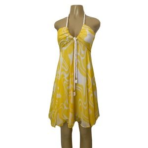 Milly Dress Flare Empire Waist Silk Yellow White Lined Rope Halter Neck …